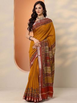 Libas - Mustard Silk Blend Printed Saree with Unstitched Blouse