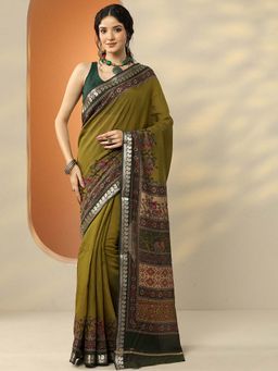 Libas - Green Silk Blend Printed Saree with Unstitched Blouse