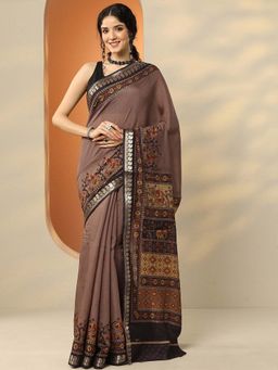 Libas - Taupe Silk Blend Printed Saree with Unstitched Blouse
