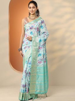 Libas - Blue Silk Blend Floral Saree with Unstitched Blouse