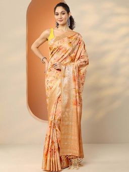 Libas - Peach Silk Blend Floral Saree with Unstitched Blouse