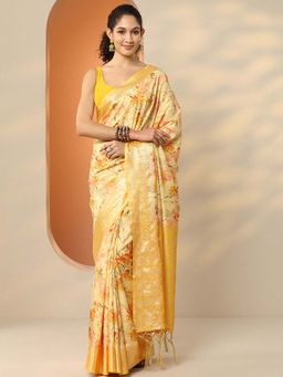 Libas - Yellow Silk Blend Floral Saree with Unstitched Blouse