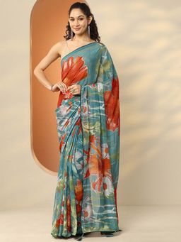 Libas - Blue Georgette Floral Saree with Unstitched Blouse