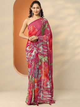 Libas - Pink Georgette Floral Saree with Unstitched Blouse