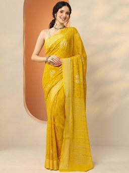Libas - Mustard Georgette Printed Saree with Unstitched Blouse