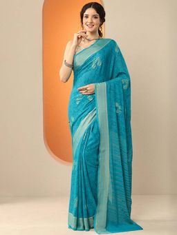 Libas - Blue Georgette Printed Saree with Unstitched Blouse