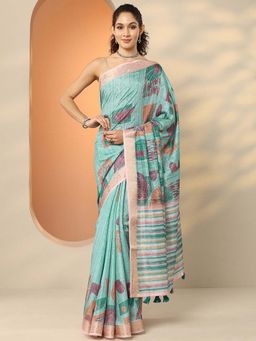Libas - Blue Silk Blend Printed Saree with Unstitched Blouse