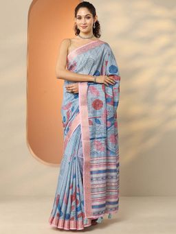 Libas - Blue Silk Blend Printed Saree with Unstitched Blouse