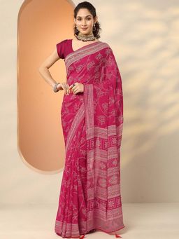 Libas - Pink Georgette Floral Saree with Unstitched Blouse