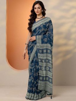 Libas - Navy Blue Georgette Floral Saree with Unstitched Blouse