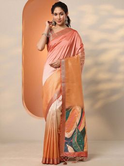 Libas - Peach Silk Blend Handloom Saree with Unstitched Blouse