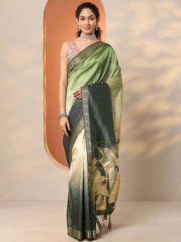 Libas - Green Silk Blend Floral Saree with Unstitched Blouse