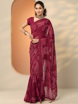 Libas - Maroon Georgette Embellished Saree with Unstitched Blouse