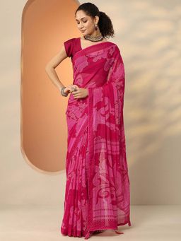 Libas - Pink Georgette Embellished Saree with Unstitched Blouse