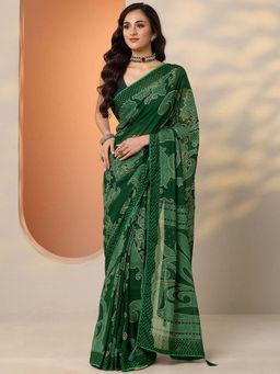 Libas - Green Georgette Embellished Saree with Unstitched Blouse