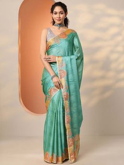 Libas - Green Silk Blend Printed Saree with Unstitched Blouse