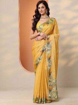 Libas - Mustard Silk Blend Floral Saree with Unstitched Blouse