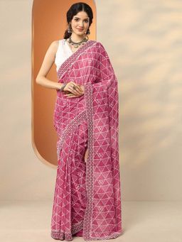 Libas - Pink Georgette Embroidered Saree with Unstitched Blouse