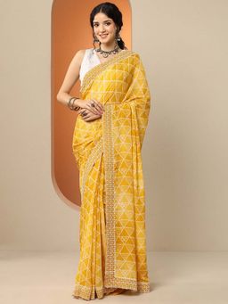 Libas - Mustard Georgette Embroidered Saree with Unstitched Blouse