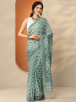 Libas - Green Georgette Embroidered Saree with Unstitched Blouse