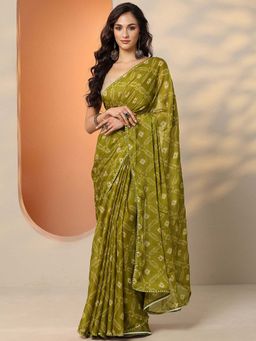Libas - Green Georgette Printed Saree with Unstitched Blouse