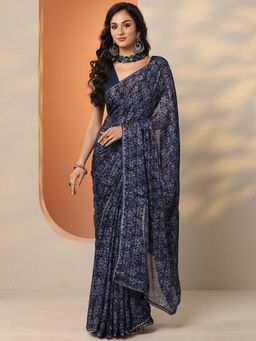 Libas - Navy Blue Georgette Printed Saree with Unstitched Blouse