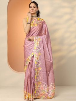 Libas - Mauve Silk Blend Floral Saree with Unstitched Blouse