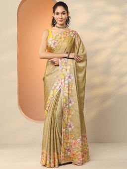 Libas - Green Silk Blend Floral Saree with Unstitched Blouse