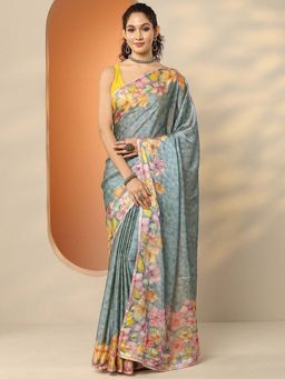 Libas - Blue Silk Blend Floral Saree with Unstitched Blouse