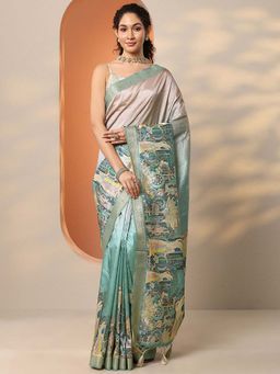 Libas - Green Silk Blend Printed Saree with Unstitched Blouse