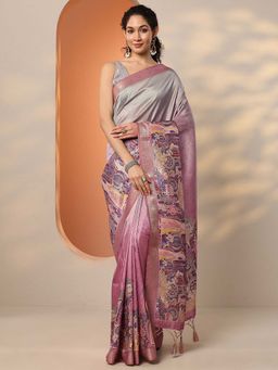 Libas - Pink Silk Blend Printed Saree with Unstitched Blouse