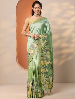 Libas - Green Silk Blend Printed Saree with Unstitched Blouse