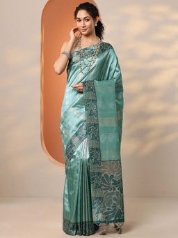 Libas - Green Silk Blend Woven Saree with Unstitched Blouse