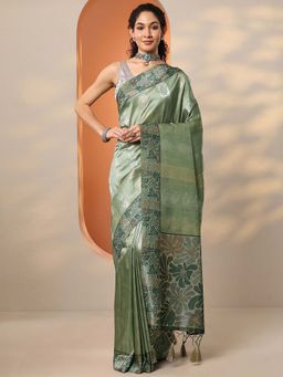 Libas - Green Silk Blend Woven Saree with Unstitched Blouse