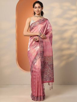 Libas - Coral Silk Blend Woven Saree with Unstitched Blouse