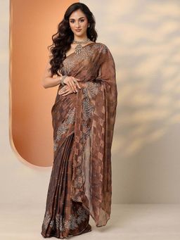 Libas - Brown Silk Blend Floral Saree with Unstitched Blouse