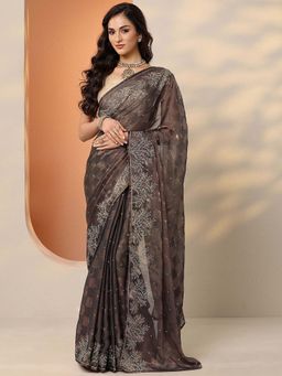 Libas - Brown Silk Blend Floral Saree with Unstitched Blouse