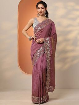 Libas - Mauve Silk Blend Floral Saree with Unstitched Blouse