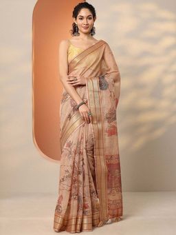 Libas - Peach Silk Blend Printed Saree with Unstitched Blouse