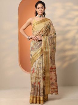 Libas - Gold Silk Blend Printed Saree with Unstitched Blouse