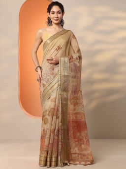 Libas - Gold Silk Blend Printed Saree with Unstitched Blouse