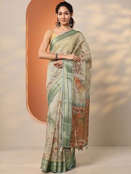 Libas - Green Silk Blend Printed Saree with Unstitched Blouse