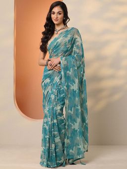 Libas - Green Georgette Printed Saree with Unstitched Blouse
