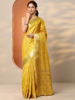 Libas - Yellow Silk Blend Woven Saree with Unstitched Blouse