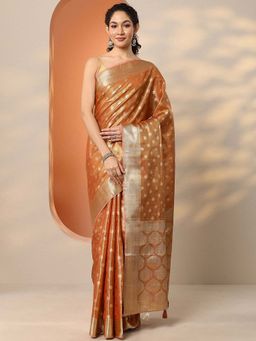 Libas - Orange Silk Blend Woven Saree with Unstitched Blouse