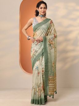 Libas - Green Silk Blend Floral Saree with Unstitched Blouse