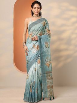Libas - Blue Silk Blend Floral Saree with Unstitched Blouse