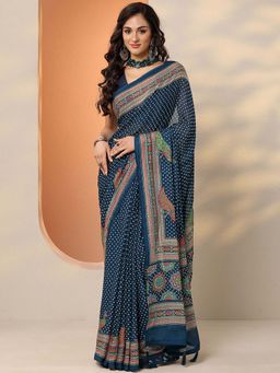 Libas - Navy Blue Silk Blend Printed Saree with Unstitched Blouse