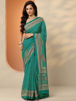 Libas - Green Silk Blend Printed Saree with Unstitched Blouse
