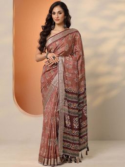 Libas - Brown Silk Blend Floral Saree with Unstitched Blouse